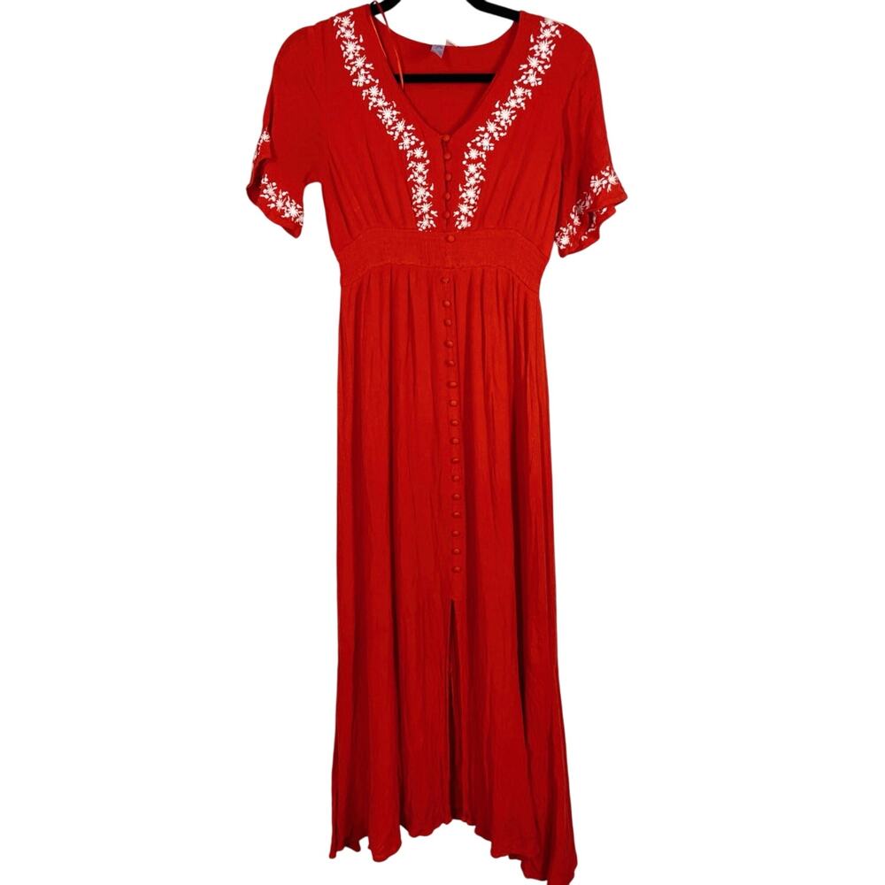 Alya, Size Small, Red Crinkle Gauze Maxi Dress, Boho, Embroidered, Short Sleeve